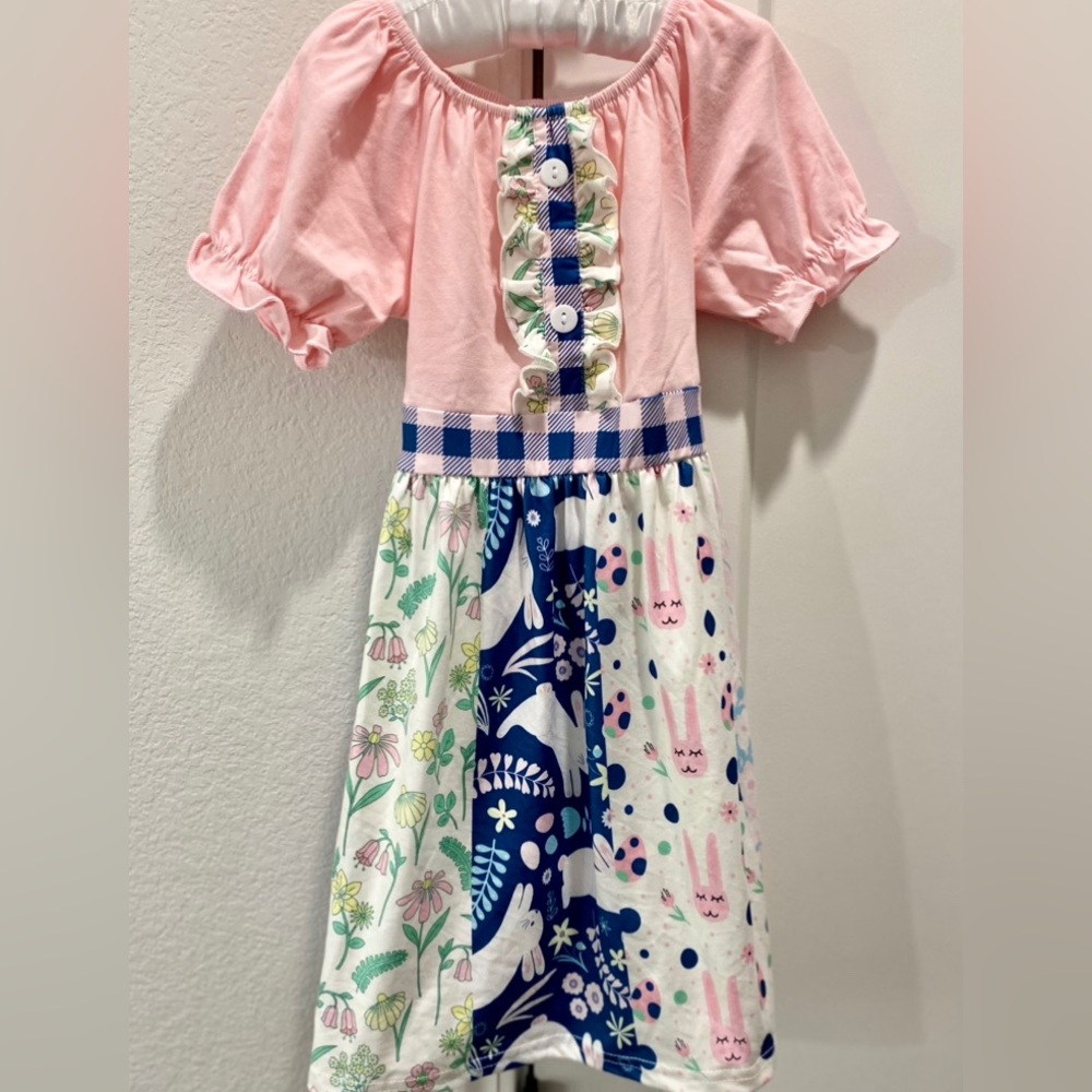 Rylee Faith Designs Pink Blue Green Patchwork Spring Bunny Pullover Dress M 7/8